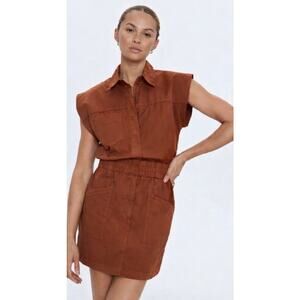 Pistola Rosie Mini Dress XS Brown Praline Utility Smocked Waist Pockets Stretch